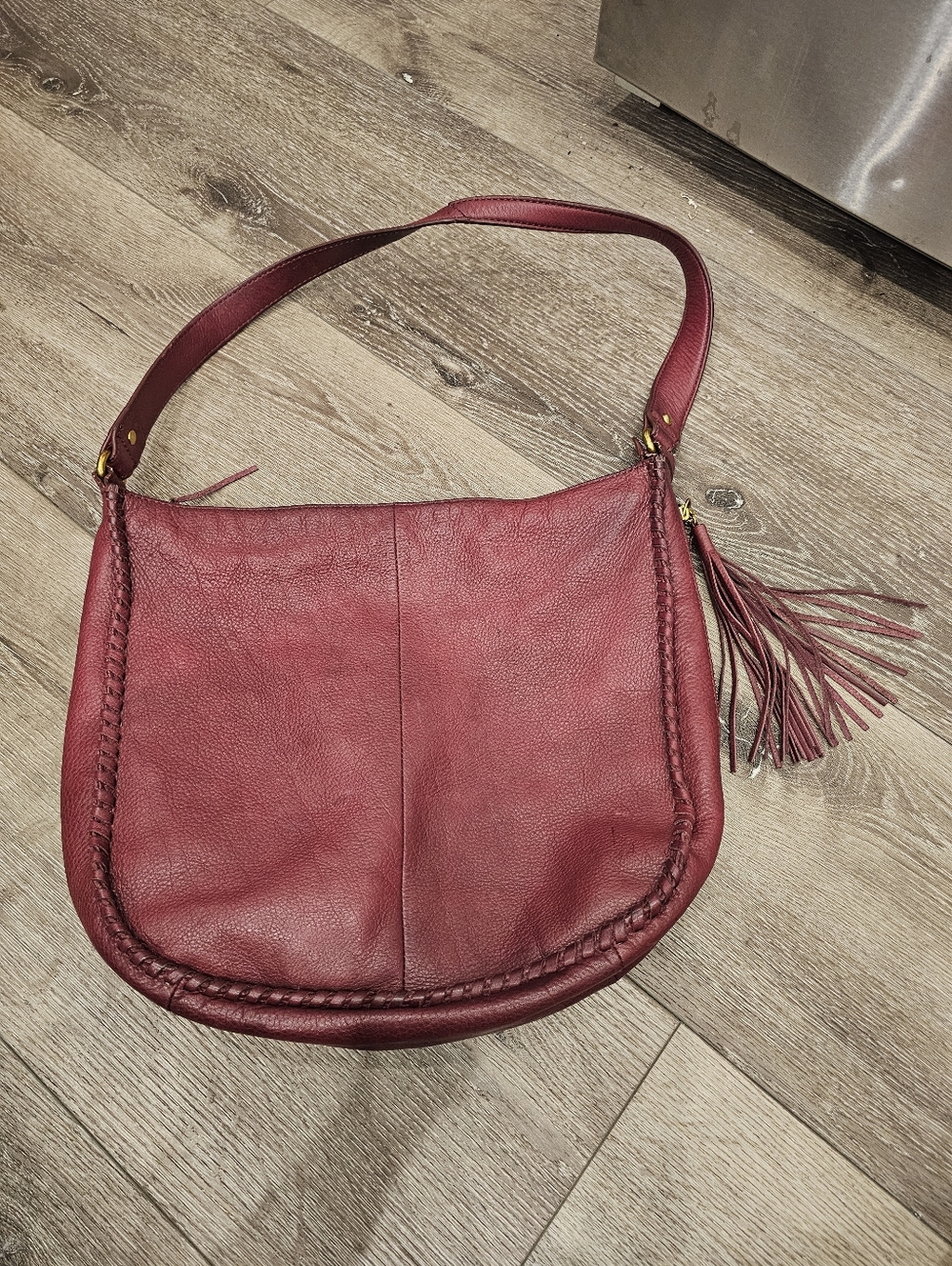 HOBO Burgundy Leather Shoulder Bag w/ Whipstitching & Tassel (Medium/Large Size)